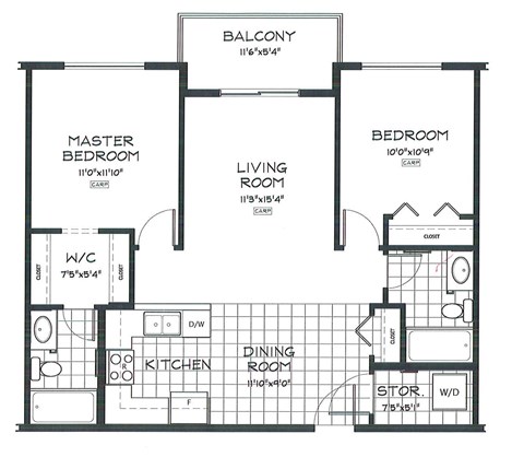 Floor plan for 2 beds, 2 baths, 889 sqft
