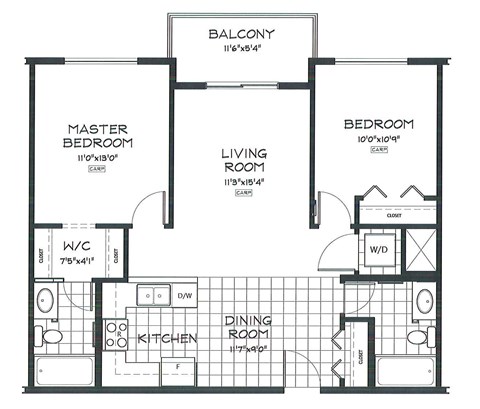 Floor plan for 2 beds, 2 baths, 879 sqft