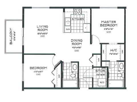 Floor plan for 2 beds, 2 baths, 926 sqft