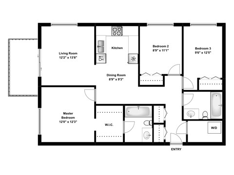 Floor plan for 3 beds, 2 baths, 1105 sqft
