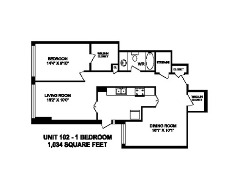 Floor plan for 1 bed, 1 bath