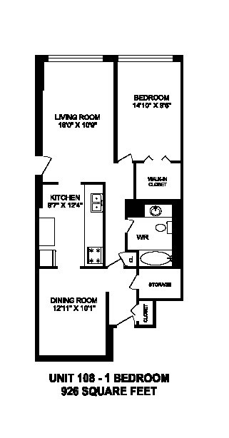 Floor plan for 1 bed, 1 bath, 926 sqft