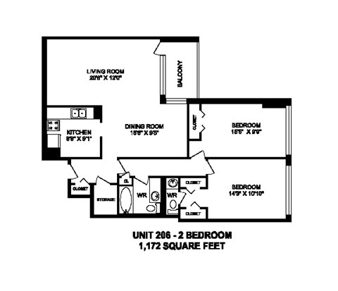 Floor plan for 2 beds, 1.5 baths, 1172 sqft