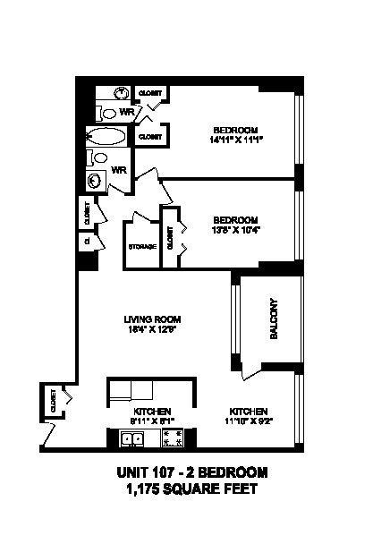 Floor plan for 2 beds, 1.5 baths, 1175 sqft
