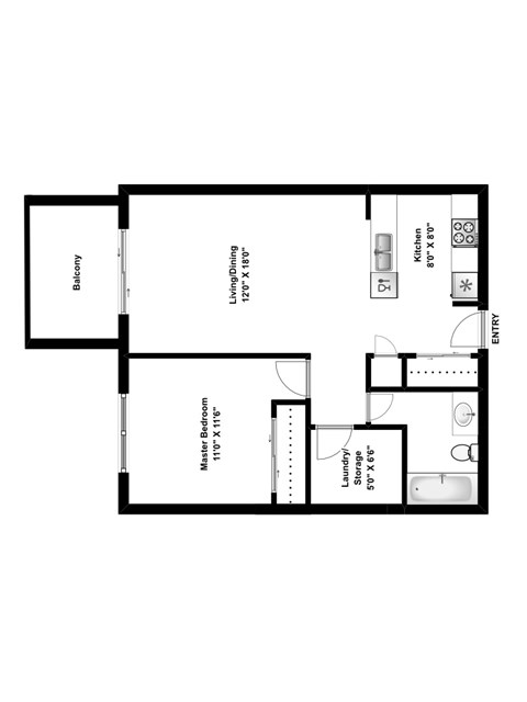 Floor plan for 1 bed, 1 bath, 652 sqft
