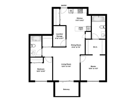 Floor plan for 2 beds, 2 baths, 924 sqft