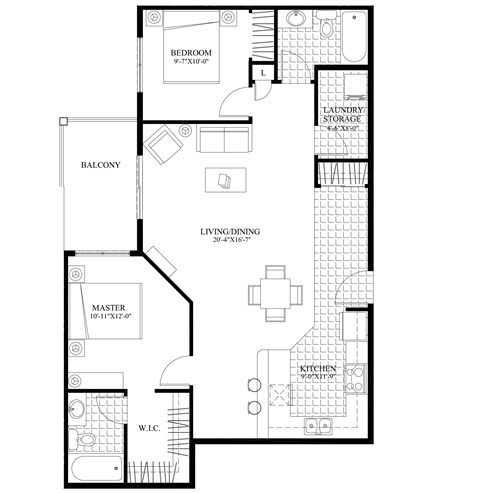 Floor plan for 2 beds, 2 baths, 1001 sqft