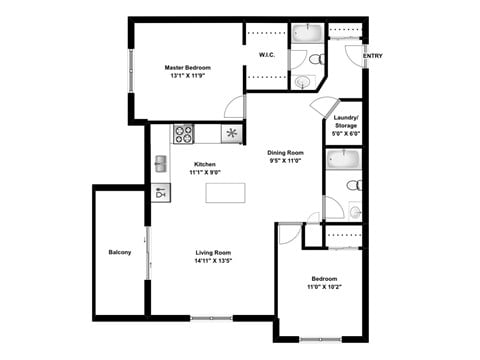 Floor plan for 2 beds, 2 baths, 1004 sqft