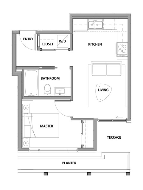 Floor plan for 1 bed, 1 bath, 474 sqft