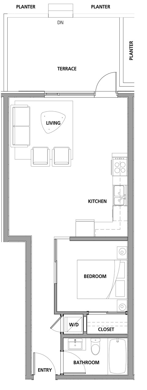Floor plan for 1 bed, 1 bath, 622 sqft