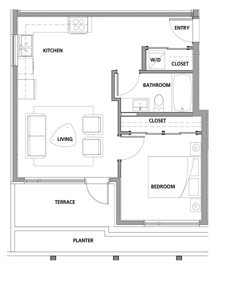 Floor plan for 1 bed, 1 bath, 600 sqft