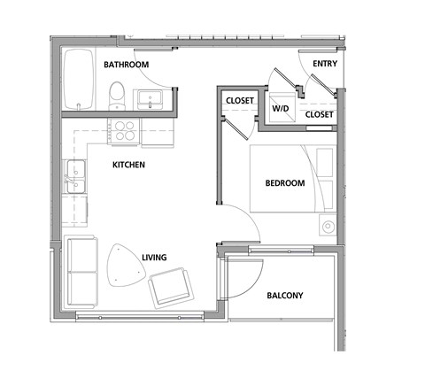 Floor plan for 1 bed, 1 bath, 446 sqft
