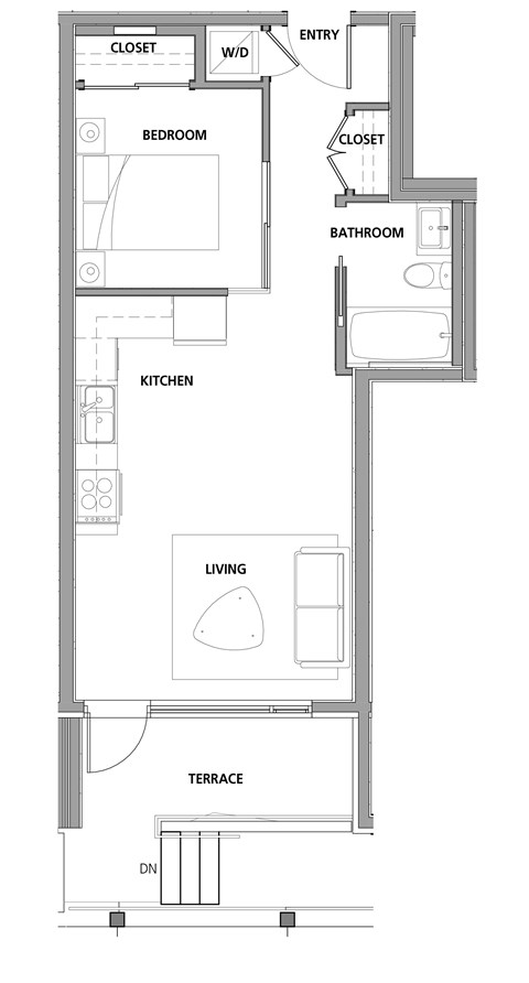 Floor plan for 1 bed, 1 bath, 529 sqft