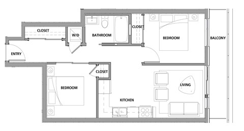 Floor plan for 2 beds, 1 bath, 627 sqft