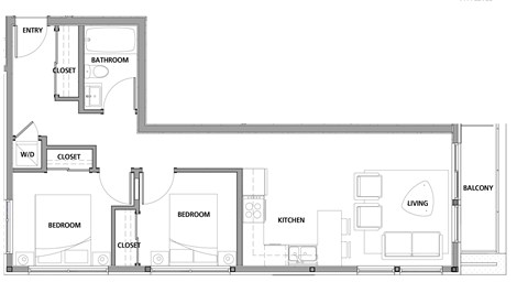 Floor plan for 2 beds, 1 bath, 721 sqft