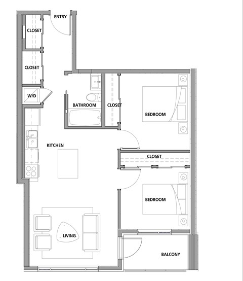 Floor plan for 2 beds, 1 bath, 778 sqft