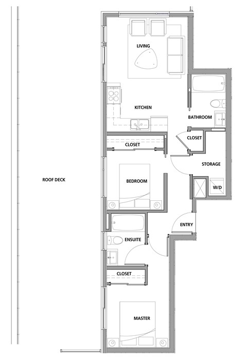 Floor plan for 2 beds, 2 baths, 728 sqft