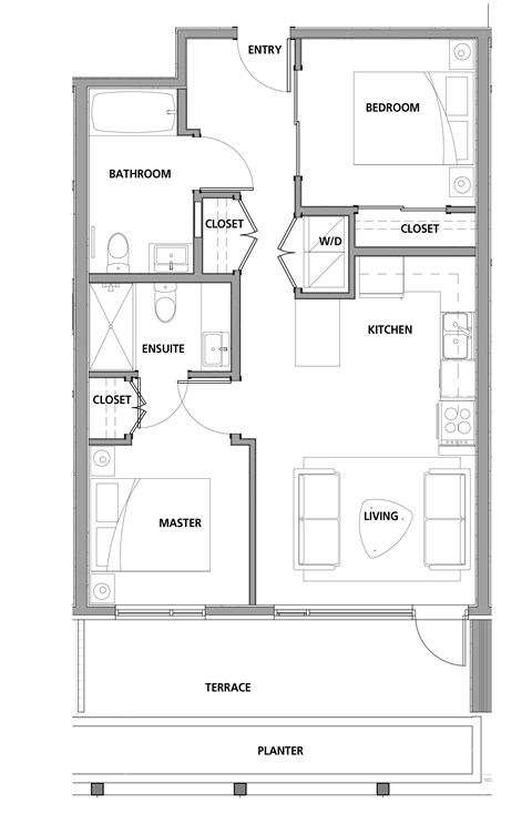 Floor plan for 2 beds, 2 baths, 747 sqft