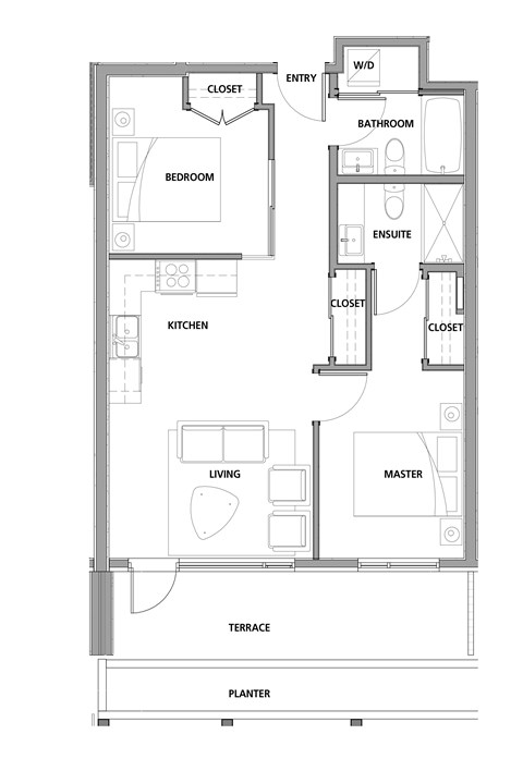 Floor plan for 2 beds, 2 baths, 748 sqft
