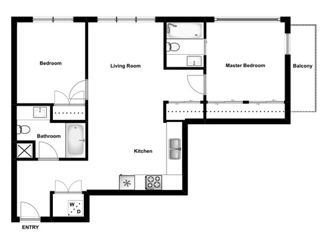 Floor plan for 2 beds, 2 baths, 802 sqft