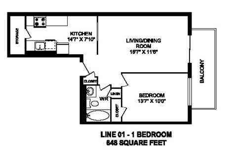 Floor plan for 1 bed, 1 bath, 648 sqft