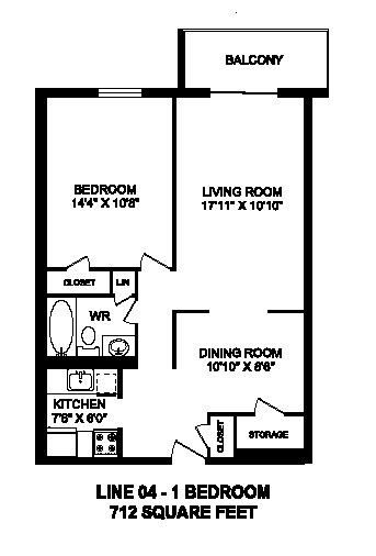 Floor plan for 1 bed, 1 bath, 712 sqft