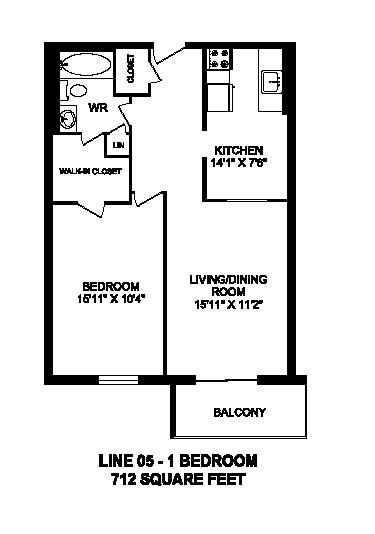 Floor plan for 1 bed, 1 bath, 712 sqft