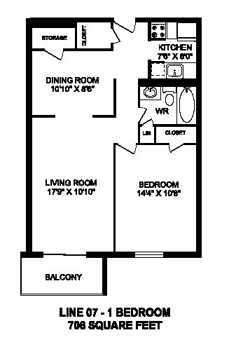 Floor plan for 1 bed, 1 bath, 706 sqft