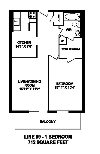 Floor plan for 1 bed, 1 bath, 712 sqft