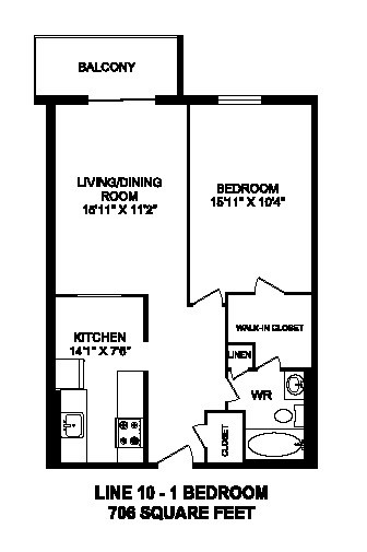 Floor plan for 1 bed, 1 bath, 706 sqft