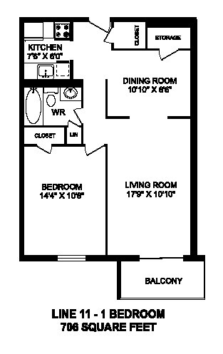Floor plan for 1 bed, 1 bath, 706 sqft