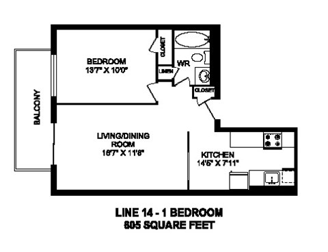 Floor plan for 1 bed, 1 bath, 805 sqft