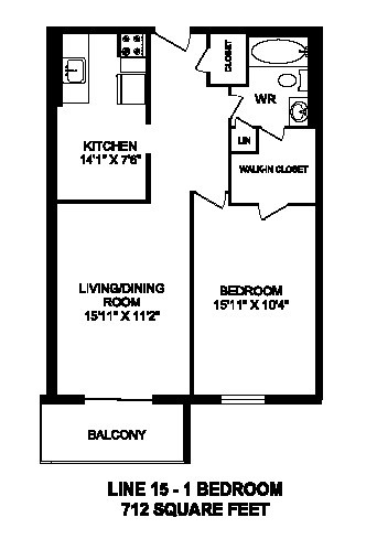 Floor plan for 1 bed, 1 bath, 712 sqft