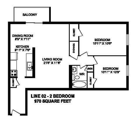 Floor plan for 2 beds, 1 bath, 970 sqft