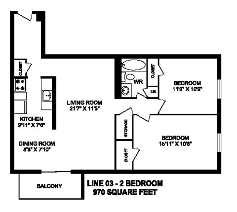 Floor plan for 2 beds, 1 bath, 970 sqft