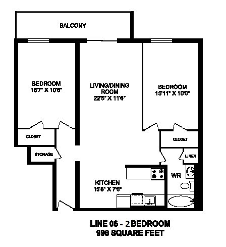 Floor plan for 2 beds, 1 bath, 996 sqft