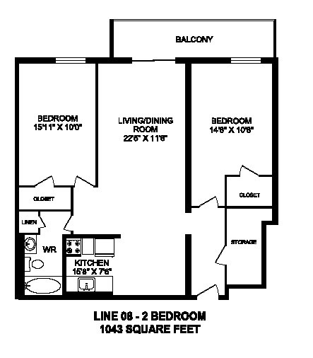 Floor plan for 2 beds, 1 bath, 1043 sqft