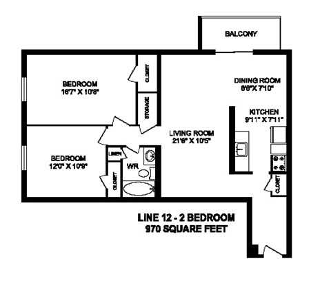 Floor plan for 2 beds, 1 bath, 970 sqft