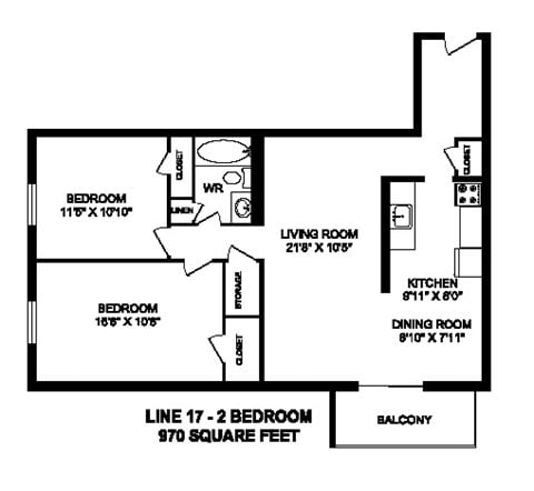 Floor plan for 2 beds, 1 bath, 970 sqft