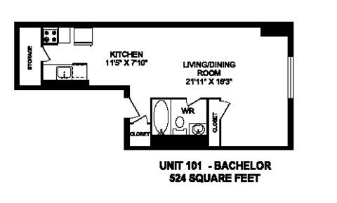 Floor plan for studio, 1 bath, 524 sqft