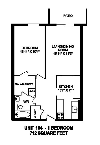 Floor plan for 1 bed, 1 bath, 712 sqft