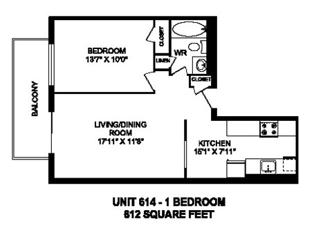 Floor plan for 1 bed, 1 bath, 612 sqft