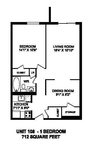 Floor plan for 1 bed, 1 bath, 712 sqft