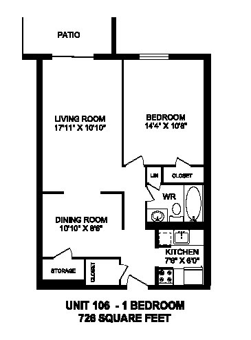 Floor plan for 1 bed, 1 bath, 726 sqft