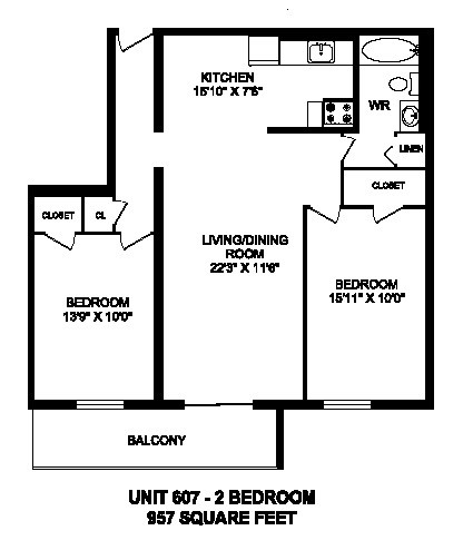 Floor plan for 2 beds, 1 bath, 957 sqft