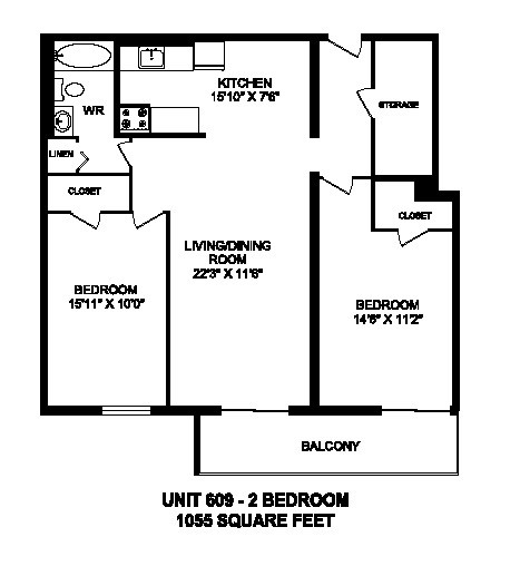 Floor plan for 2 beds, 1 bath, 1055 sqft