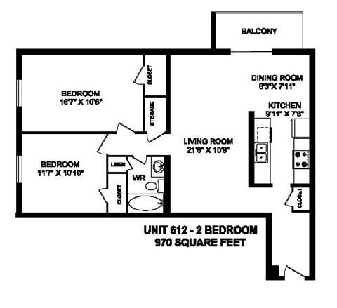 Floor plan for 2 beds, 1 bath, 970 sqft