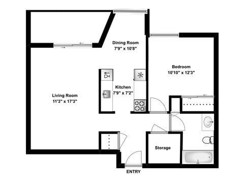 Floor plan for 1 bed, 1 bath, 698 sqft