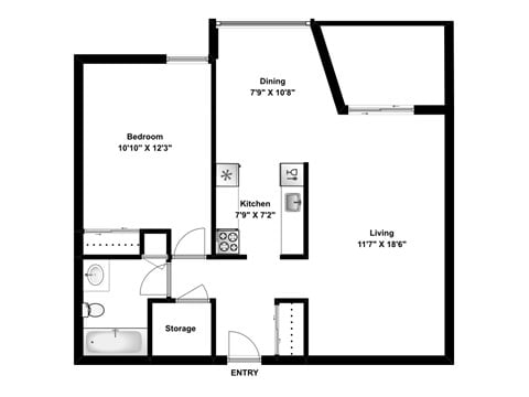 Floor plan for 1 bed, 1 bath, 668 sqft