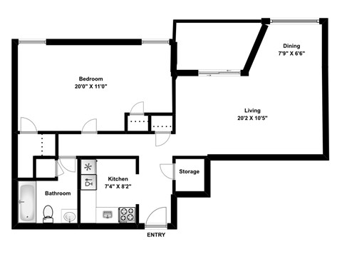 Floor plan for 1 bed, 1 bath, 752 sqft